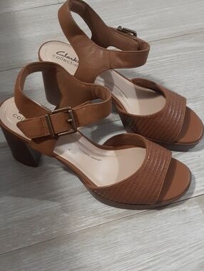 Clarks Tan Block Heel Sandals with Ankle Strap